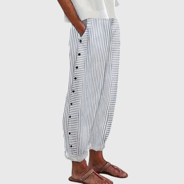 Women's Casual Striped Button Detail Relaxed Fit Trousers