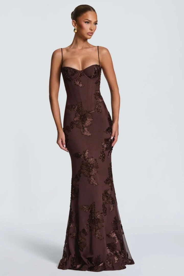 Womens Maxi Dress with Embroidered Floral Corset