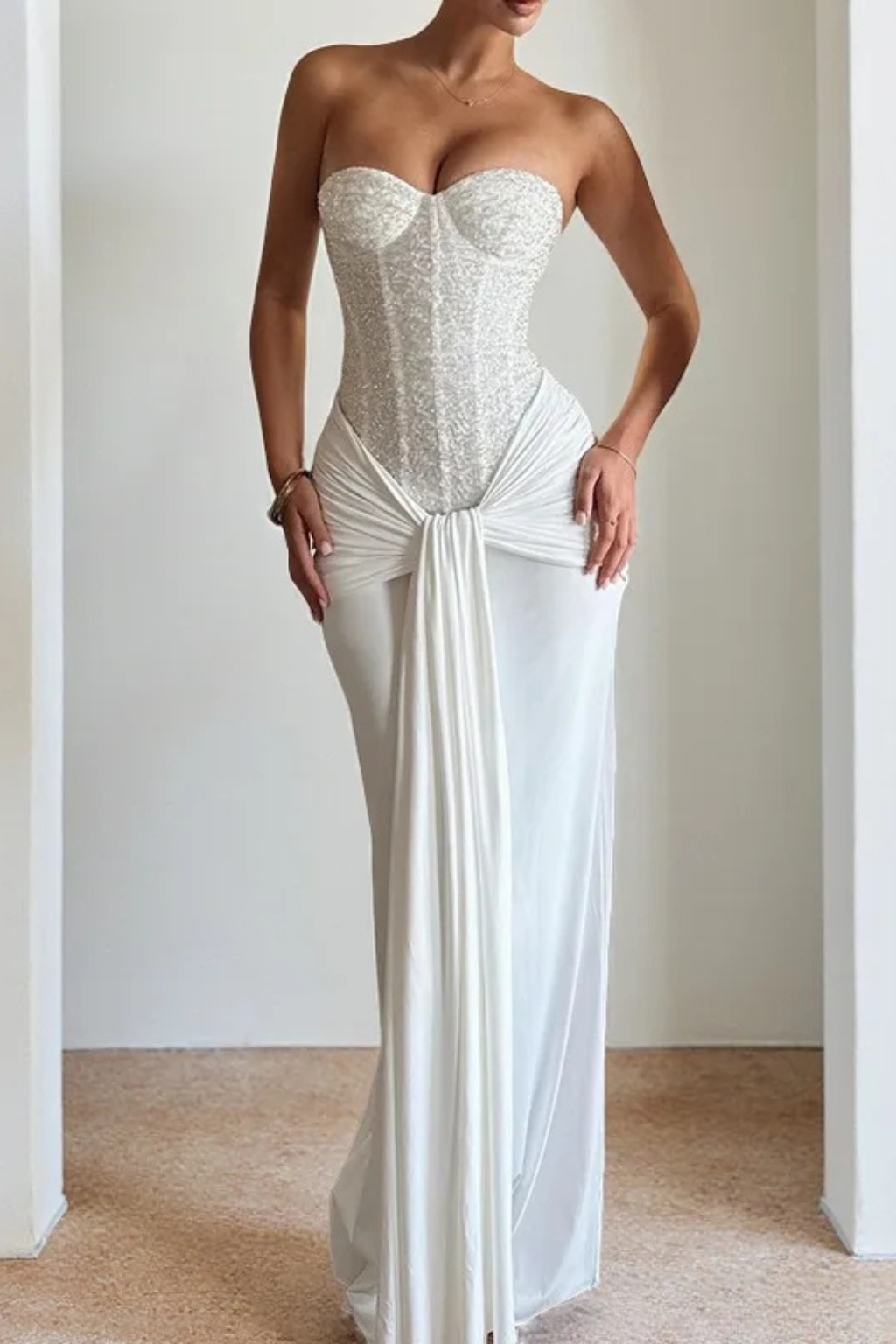 Siopie Women's Lace Corset Strapless Draped Maxi Dress