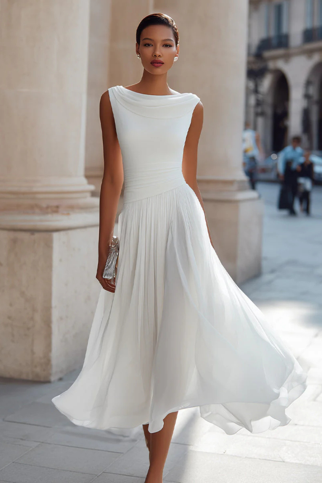 Womens Midi Dress Draped Pleated Style