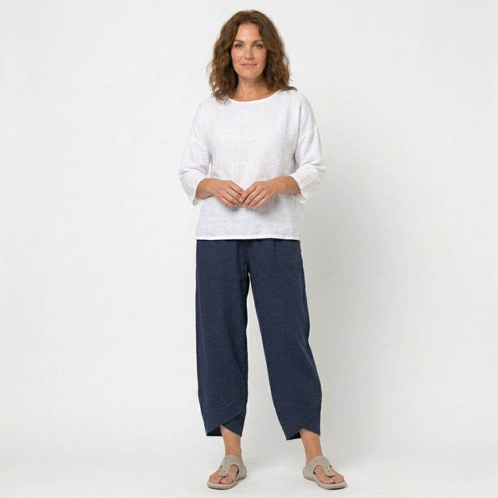 Womens High-Waisted Linen Trousers Tulip Hem Lightweight - Clovrio