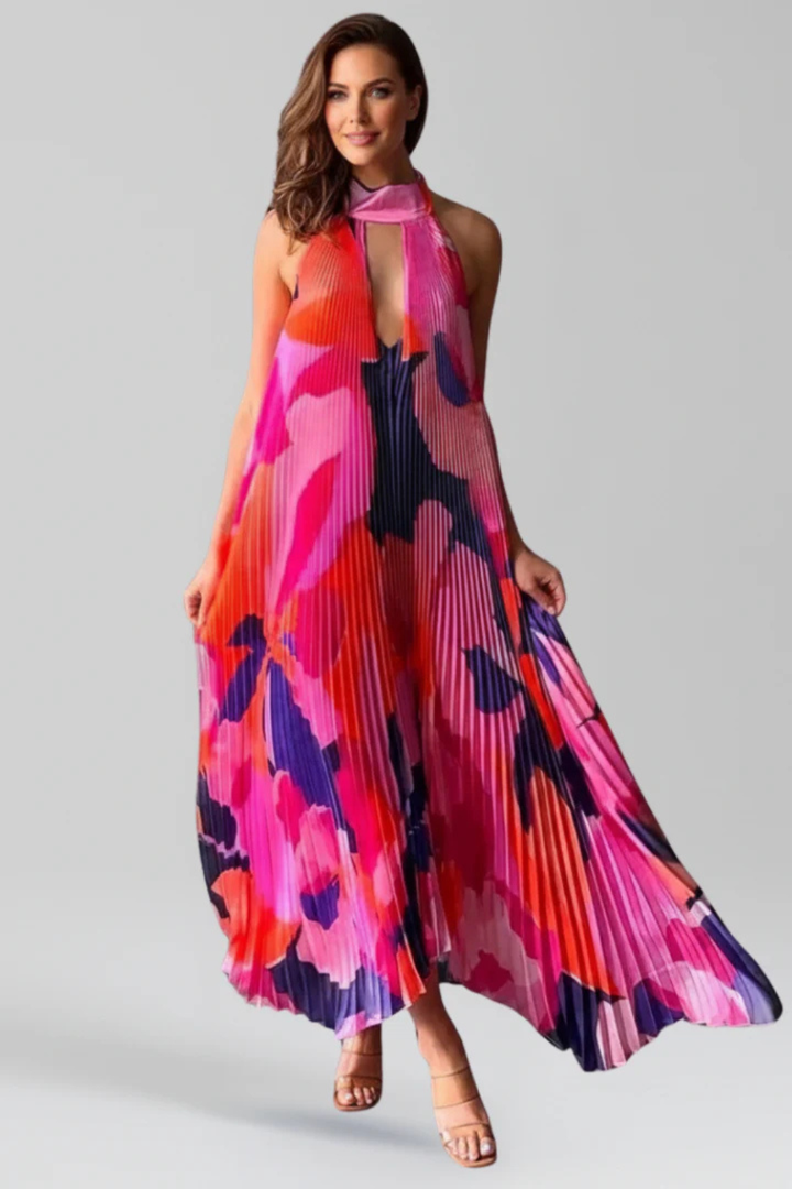 Siopie Women's Printed Pleated Halter Neck Maxi Dress