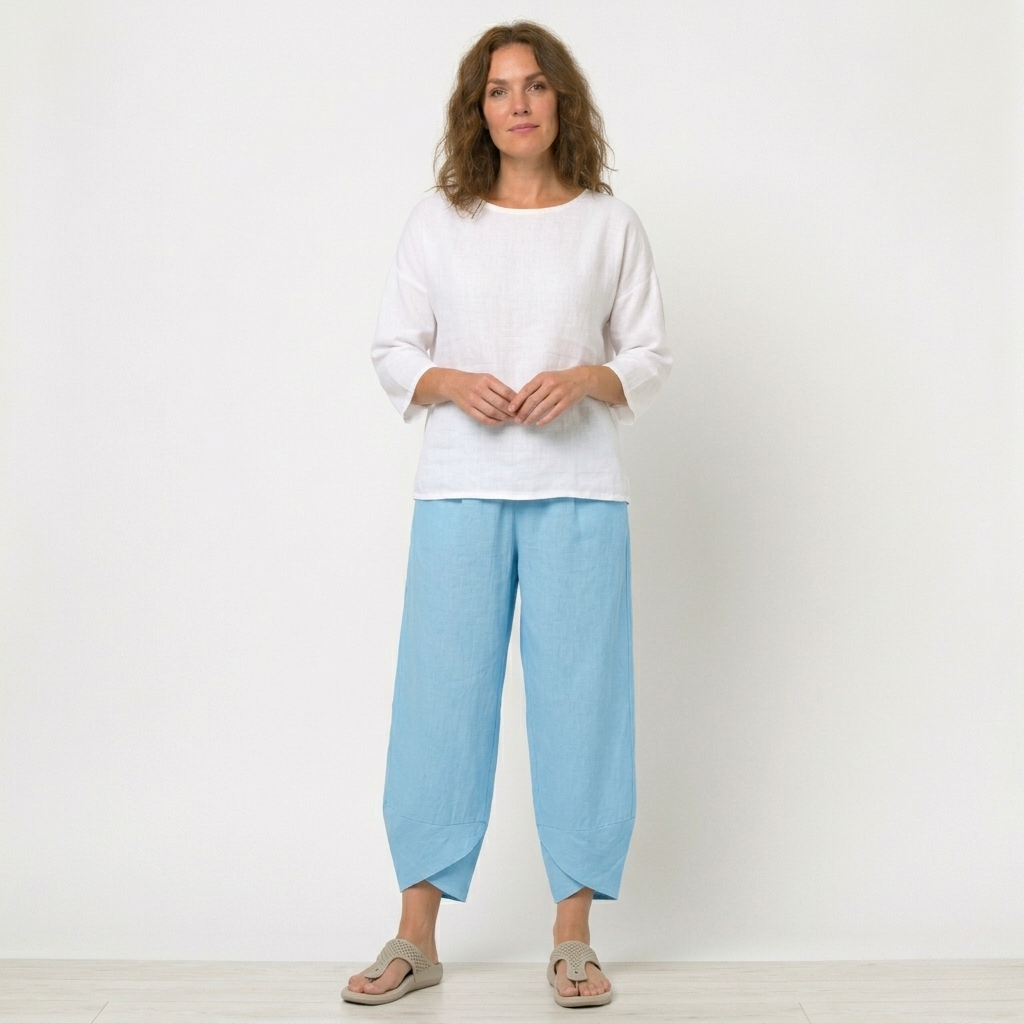 Womens High-Waisted Linen Trousers Tulip Hem Lightweight