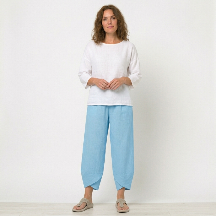 Womens High-Waisted Linen Trousers Tulip Hem Lightweight