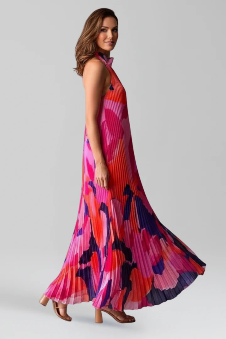 Siopie Women's Printed Pleated Halter Neck Maxi Dress