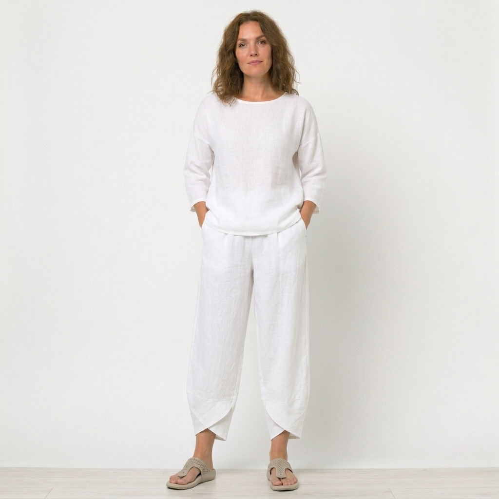 Womens High-Waisted Linen Trousers Tulip Hem Lightweight