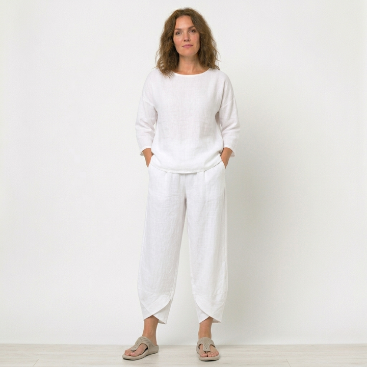 Womens High-Waisted Linen Trousers Tulip Hem Lightweight
