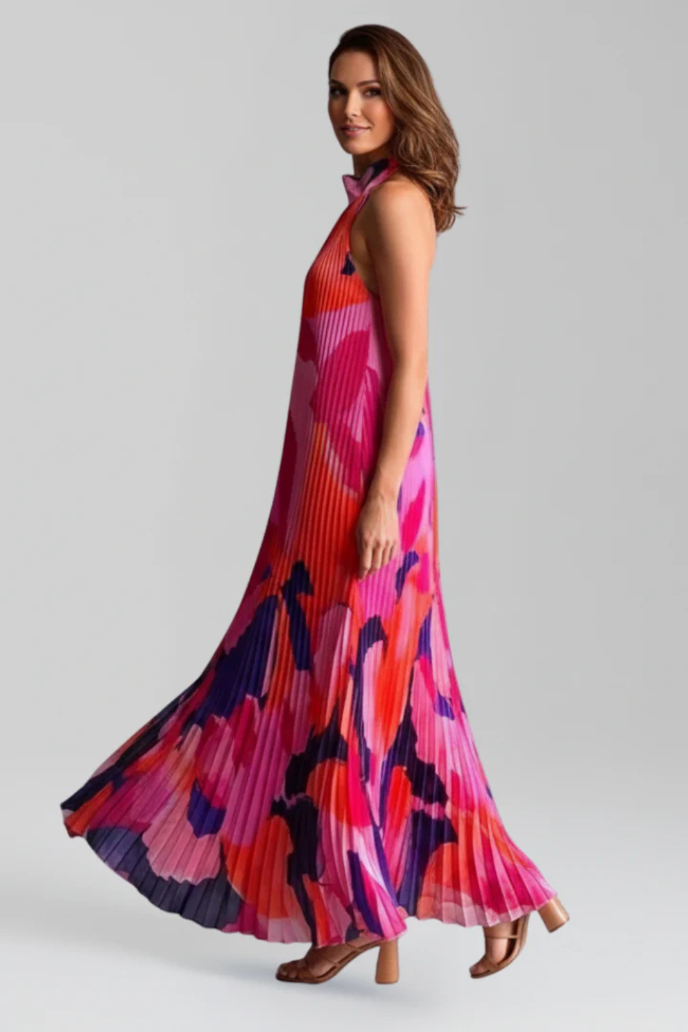 Siopie Women's Printed Pleated Halter Neck Maxi Dress