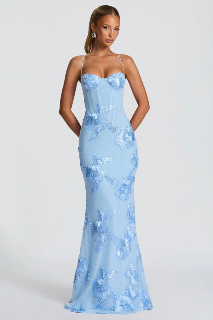 Womens Maxi Dress with Embroidered Floral Corset