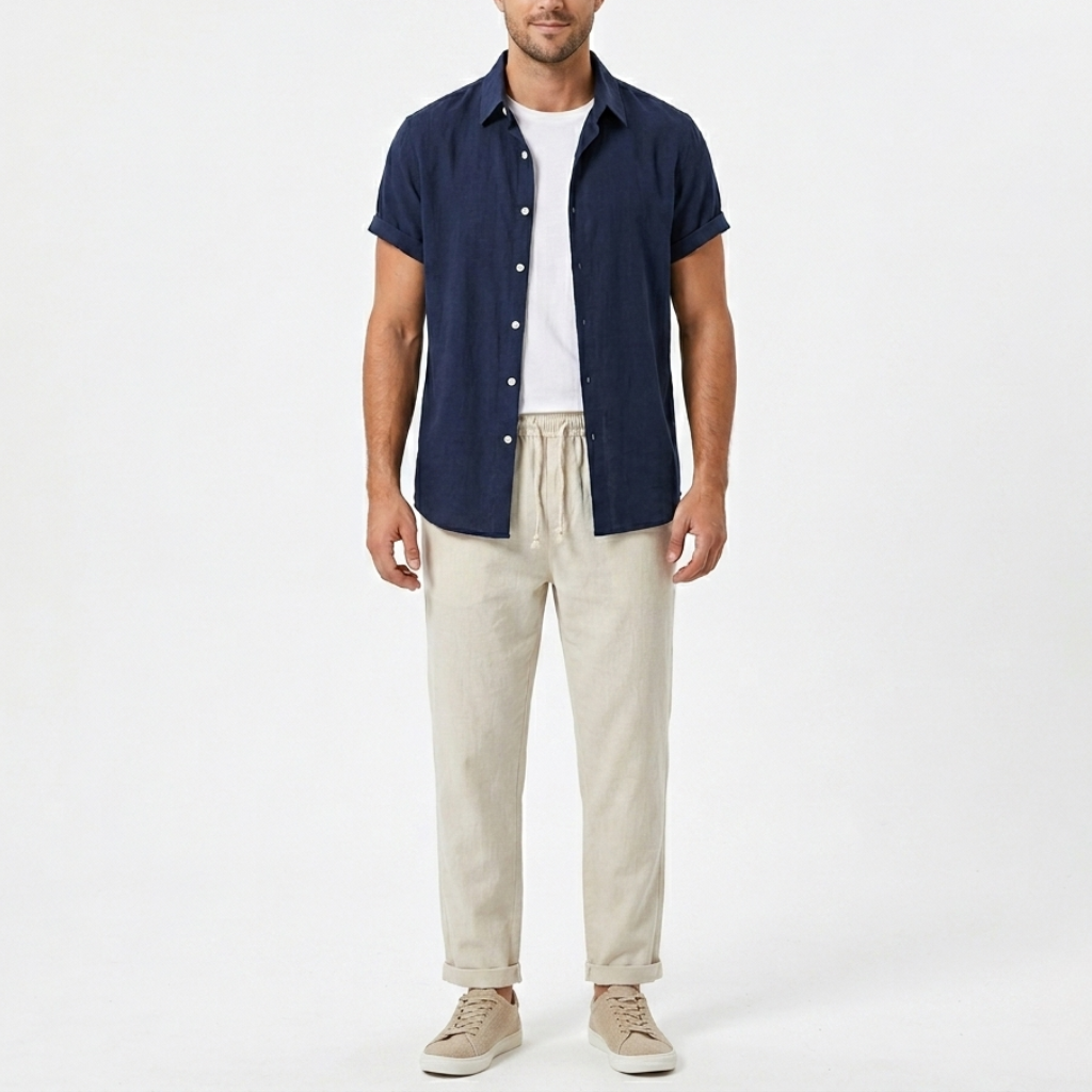 Mens Two-Piece Set Short Sleeve Shirt Drawstring Trousers