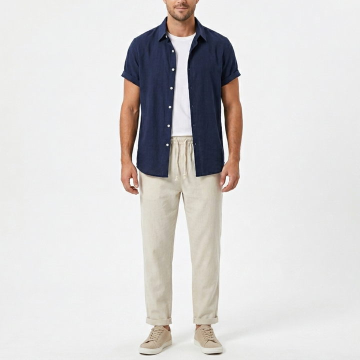 Mens Two-Piece Set Short Sleeve Shirt Drawstring Trousers