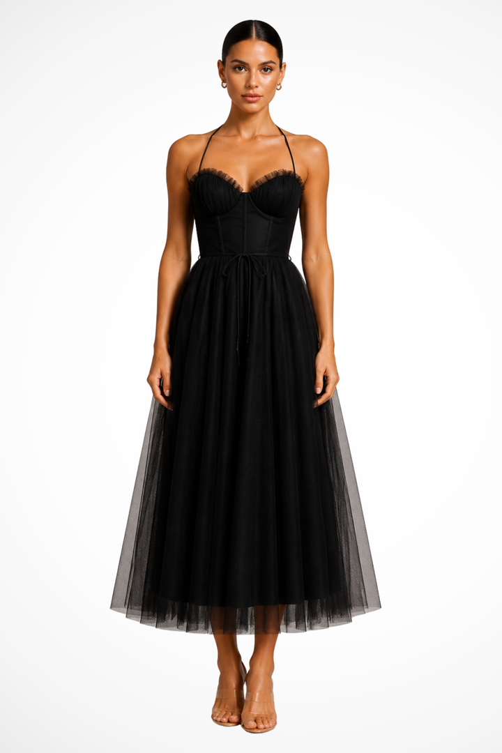 Womens Midi Dress with Corset and Tiered Layers