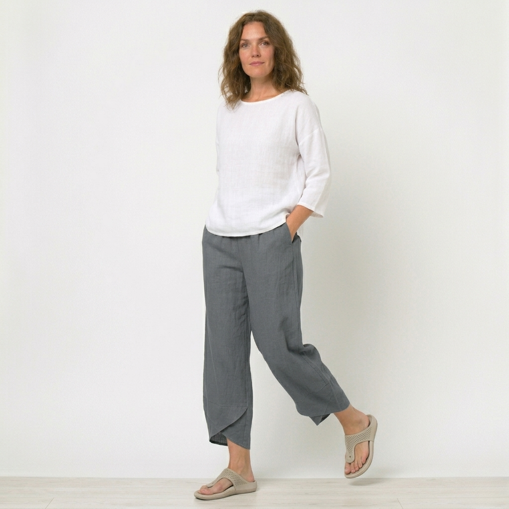 Womens High-Waisted Linen Trousers Tulip Hem Lightweight