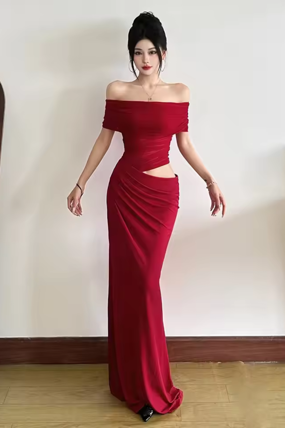 Ruched off shoulder maxi dress in Red – back view