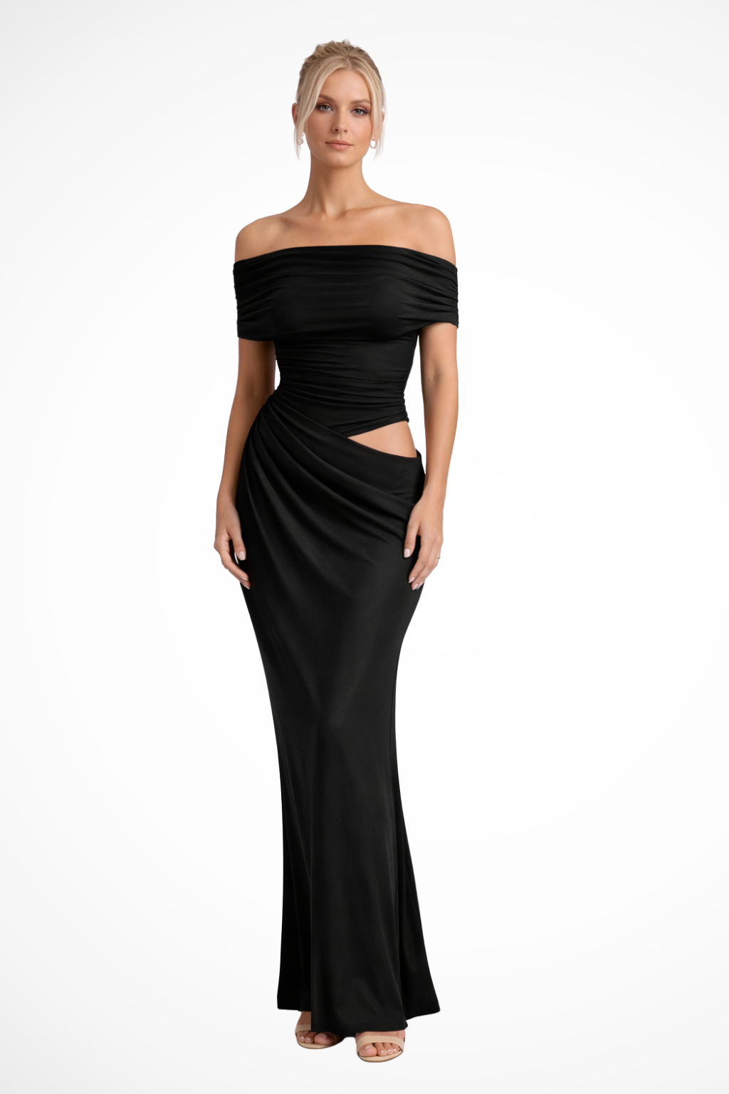 Ruched off shoulder maxi dress in Black – wedding guest style