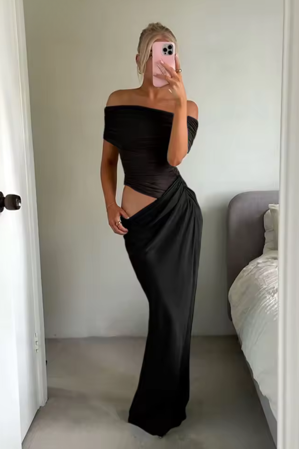 Ruched off shoulder maxi dress in Black – back view