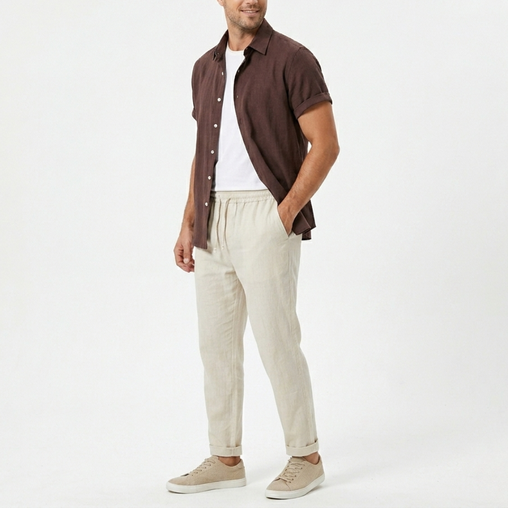 Mens Two-Piece Set Short Sleeve Shirt Drawstring Trousers