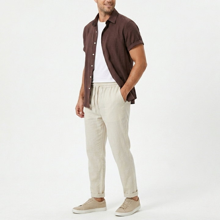 Mens Two-Piece Set Short Sleeve Shirt Drawstring Trousers