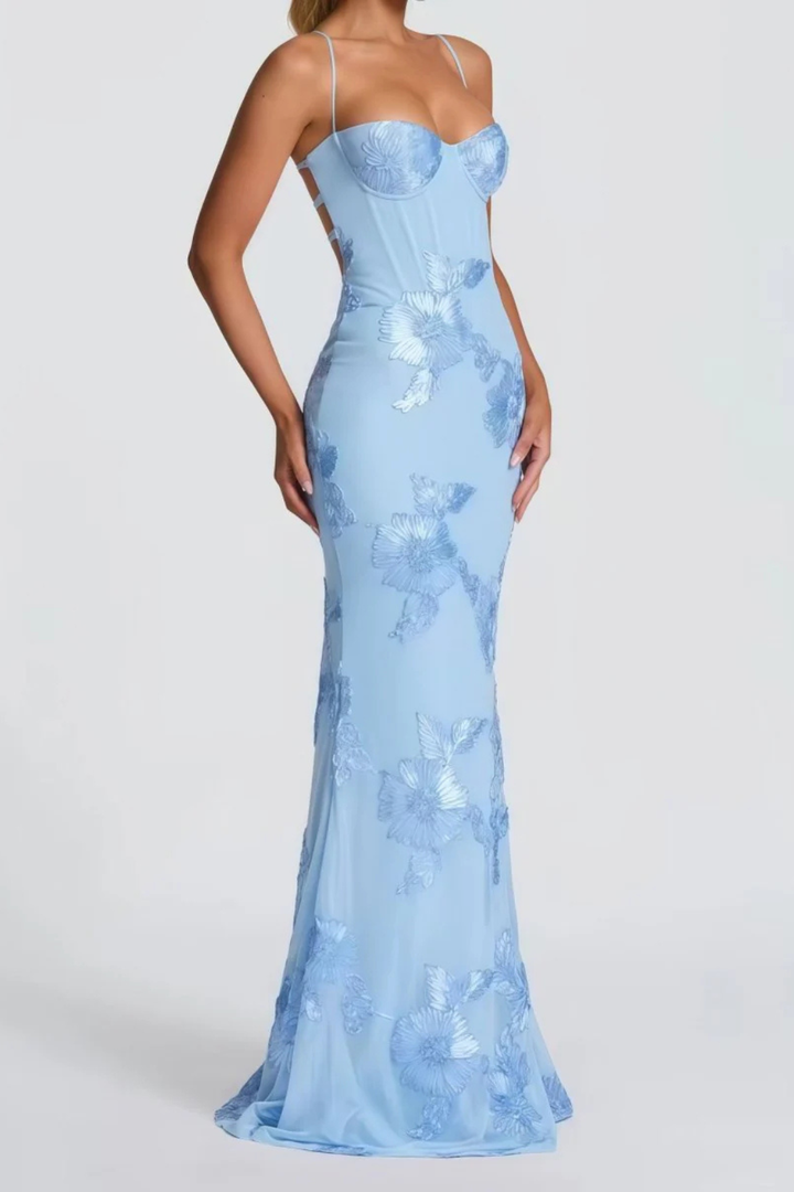 Womens Maxi Dress with Embroidered Floral Corset