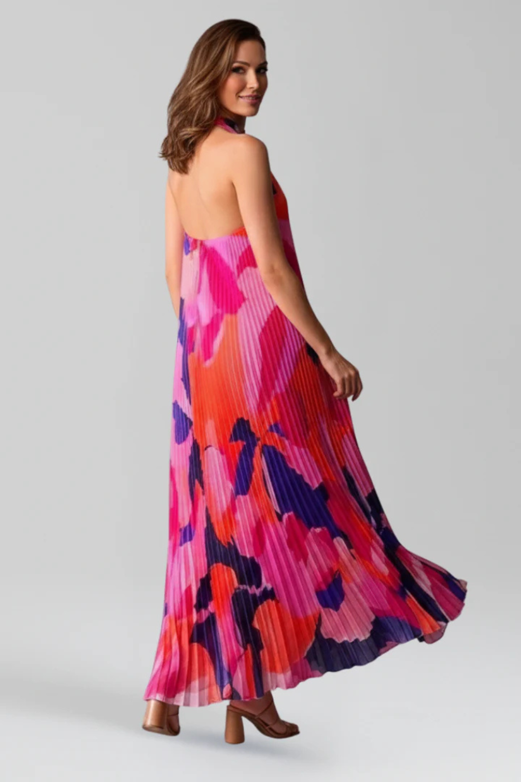 Siopie Women's Printed Pleated Halter Neck Maxi Dress
