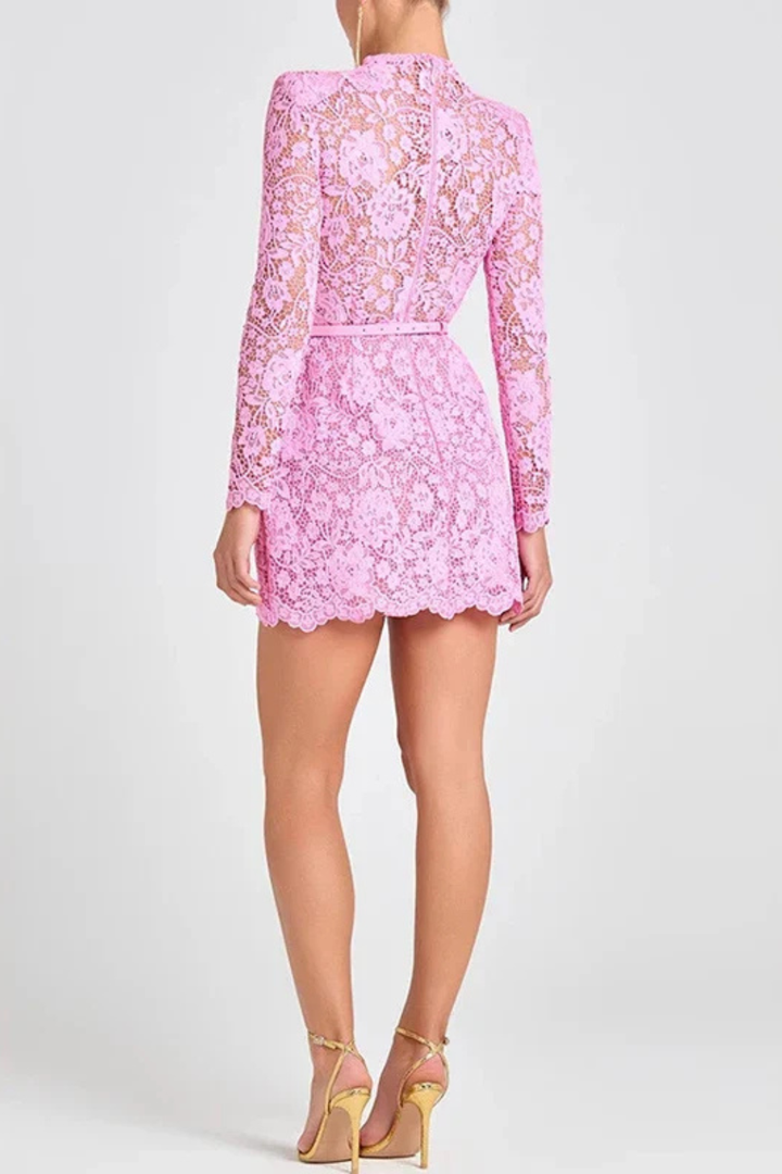 Siopie Women's High Neck Lace Mini Dress with Belt