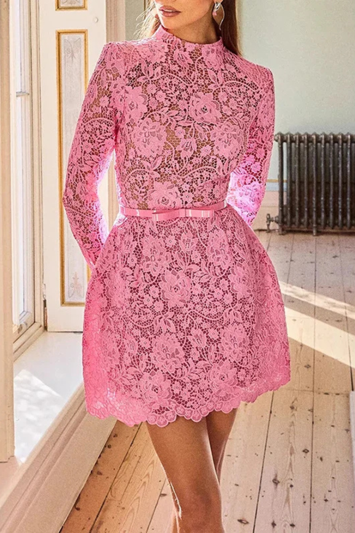 Siopie Women's High Neck Lace Mini Dress with Belt