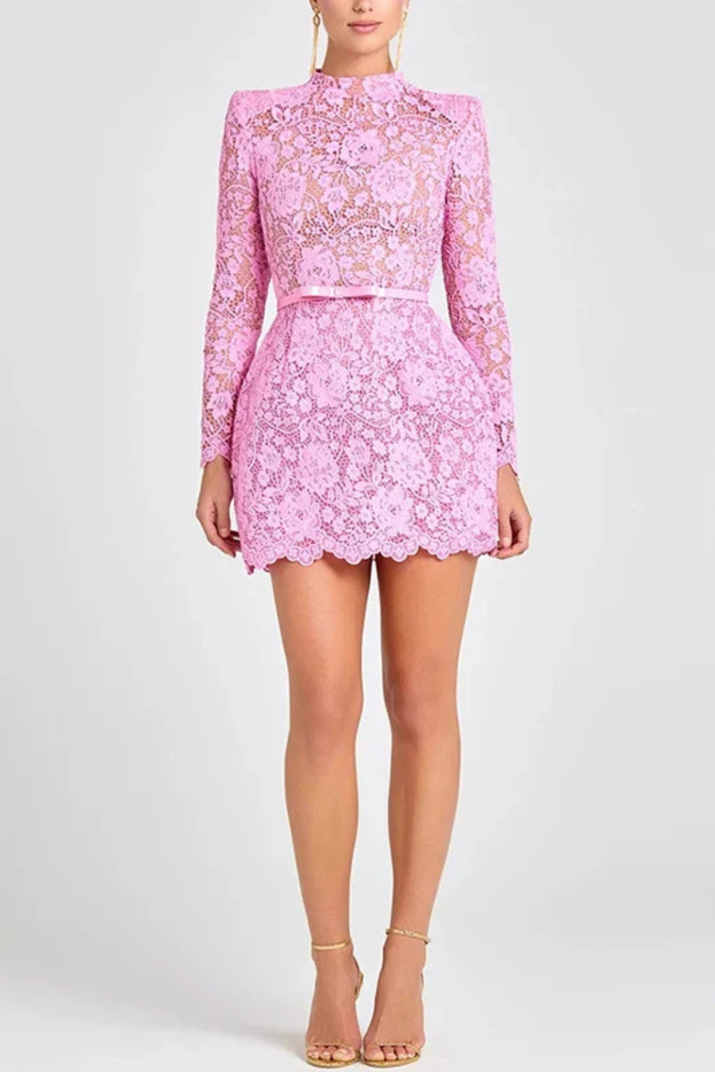 Siopie Women's High Neck Lace Mini Dress with Belt