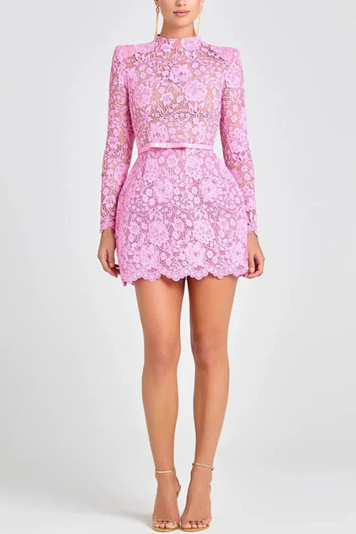 Siopie Women's High Neck Lace Mini Dress with Belt