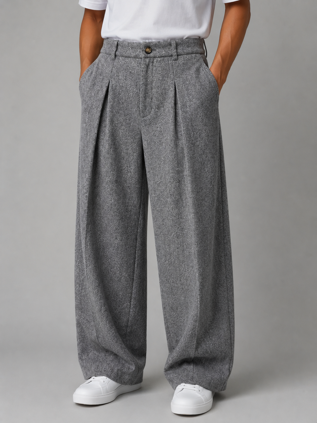 Men's Classic Tailored Pleated Wide Leg Trousers in Gray