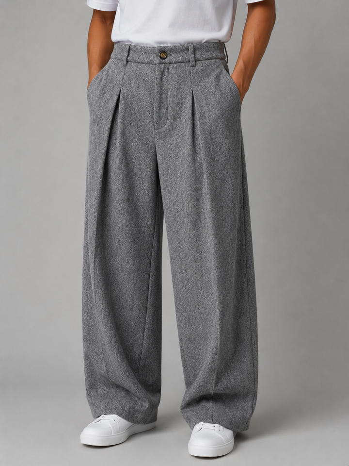 Men's Classic Tailored Pleated Wide Leg Trousers in Gray