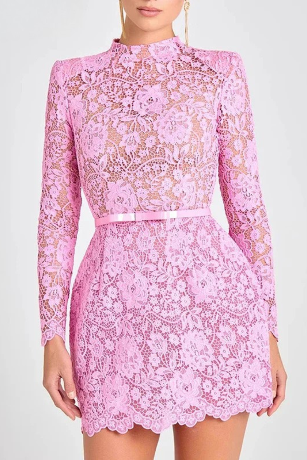 Siopie Women's High Neck Lace Mini Dress with Belt