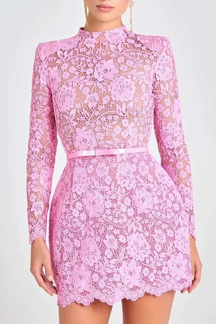 Siopie Women's High Neck Lace Mini Dress with Belt