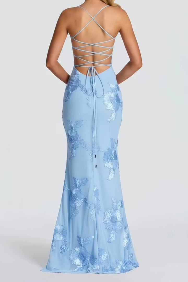 Womens Maxi Dress with Embroidered Floral Corset