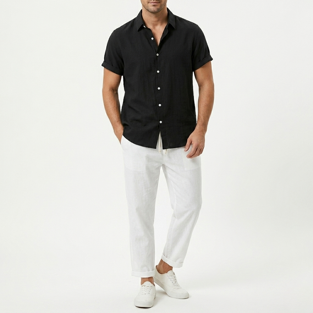 Mens Two-Piece Set Short Sleeve Shirt Drawstring Trousers