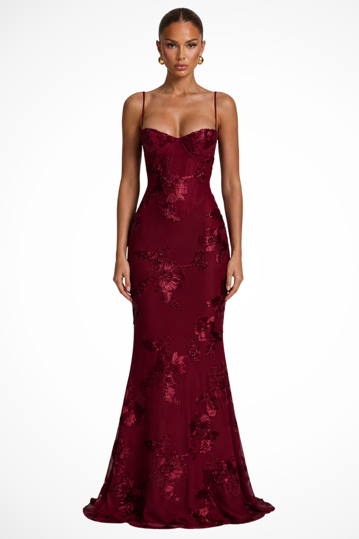 Womens Maxi Dress with Embroidered Floral Corset