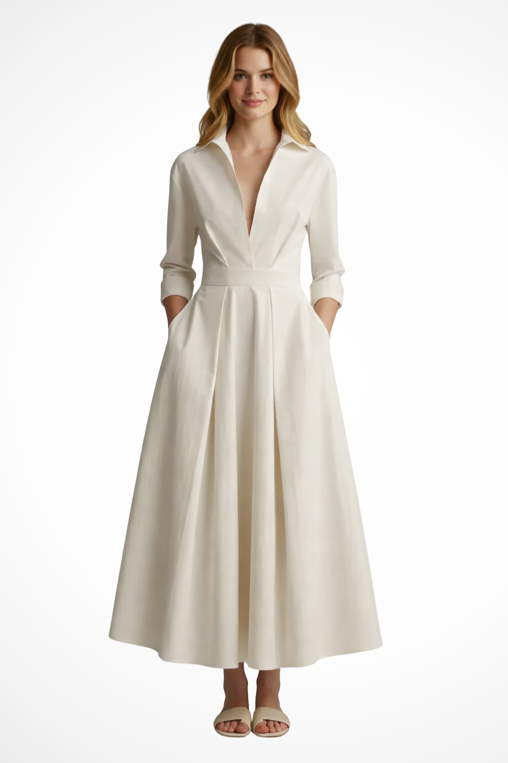 Womens Midi Dress with Collar and Button-Front - Clovrio