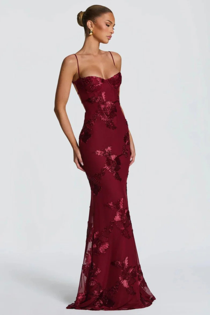 Womens Maxi Dress with Embroidered Floral Corset