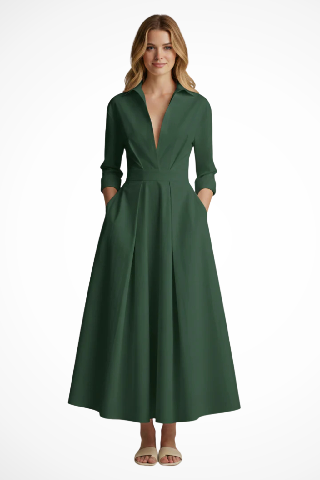 Womens Midi Dress with Collar and Button-Front
