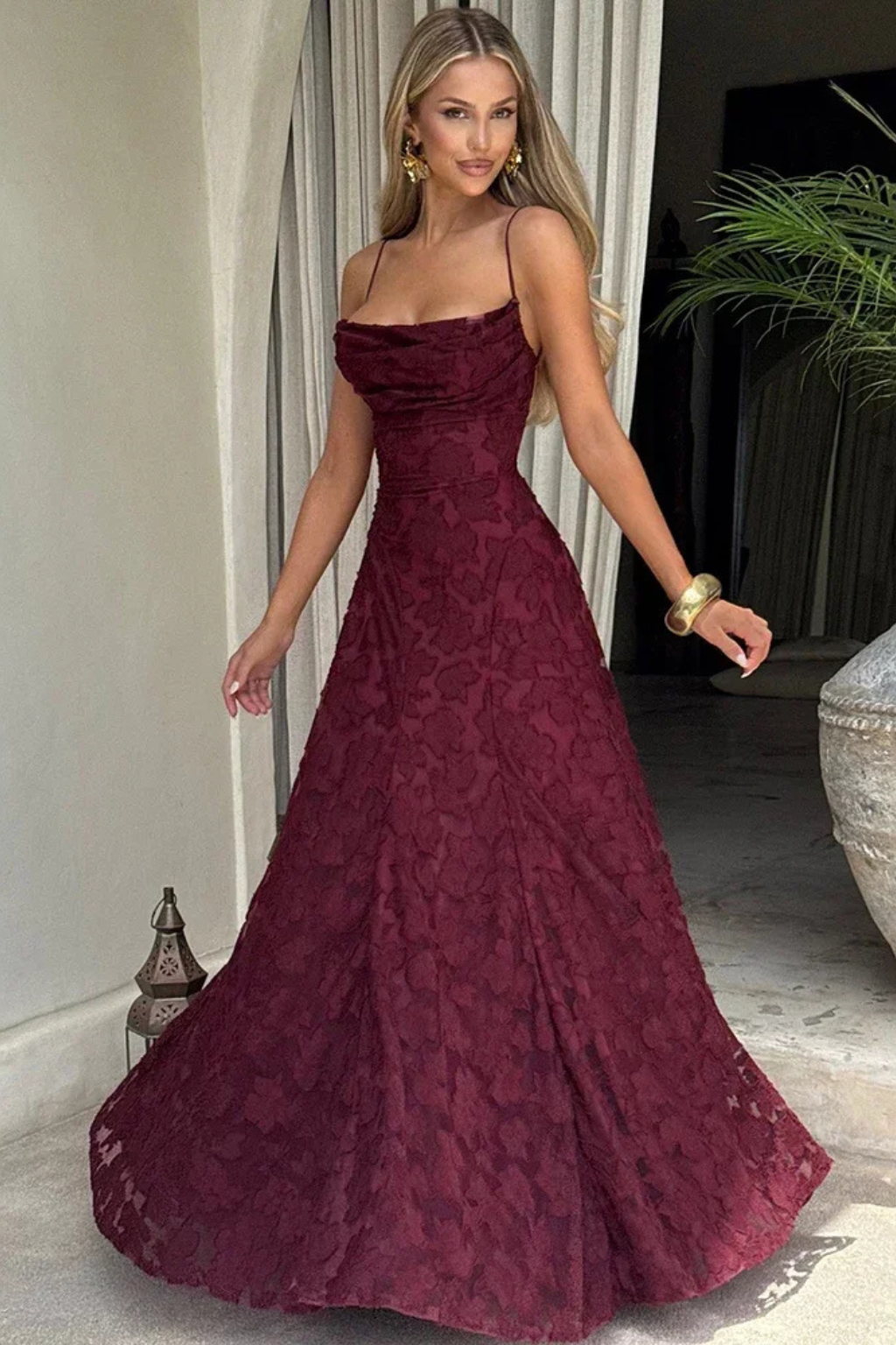 Womens Maxi Dress Jacquard Floral Lace-Up