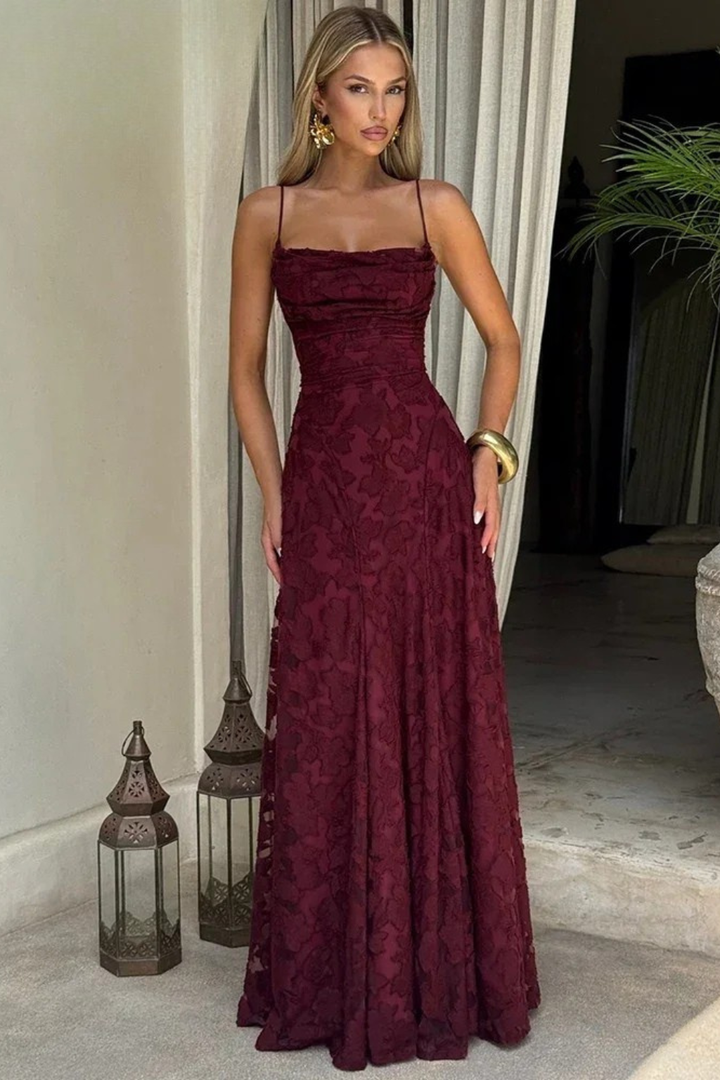 Womens Maxi Dress Jacquard Floral Lace-Up