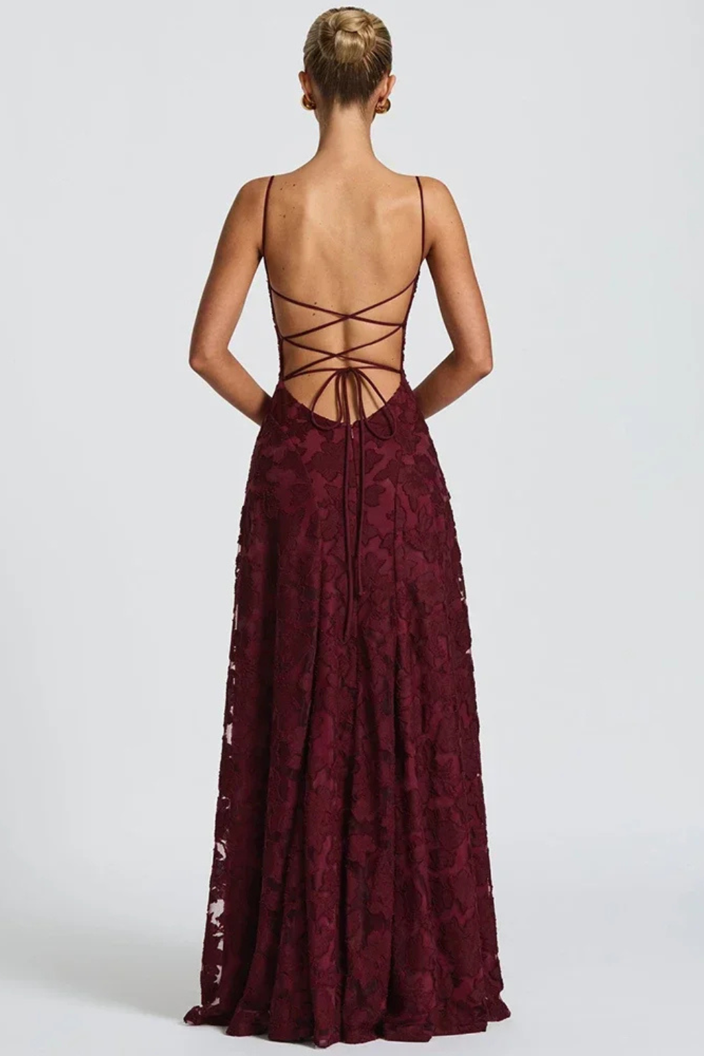 Womens Maxi Dress Jacquard Floral Lace-Up
