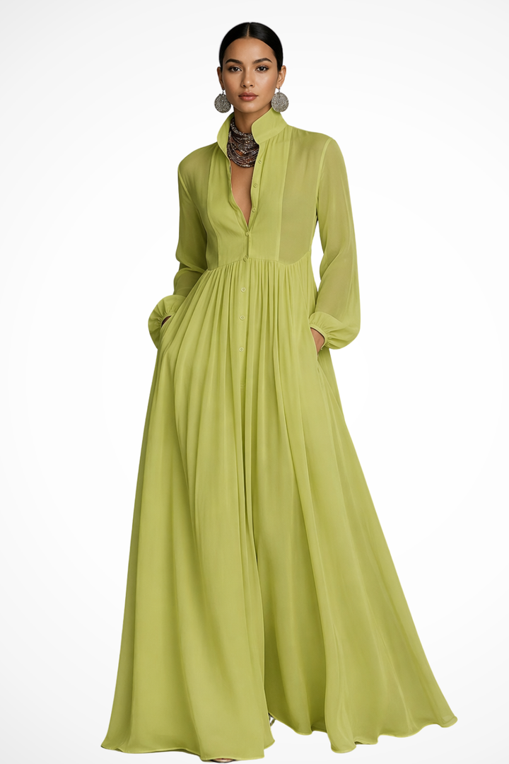 Womens Maxi Dress Long Sleeve Button Front - Clovrio