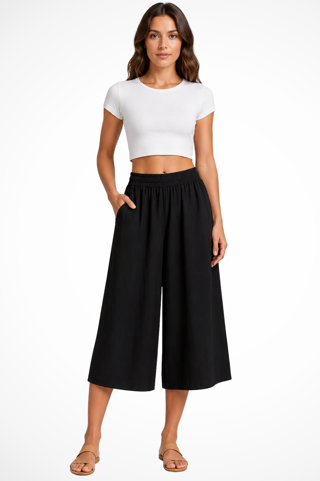 Womens Wide Leg Cropped Trousers Relaxed Fit - Clovrio