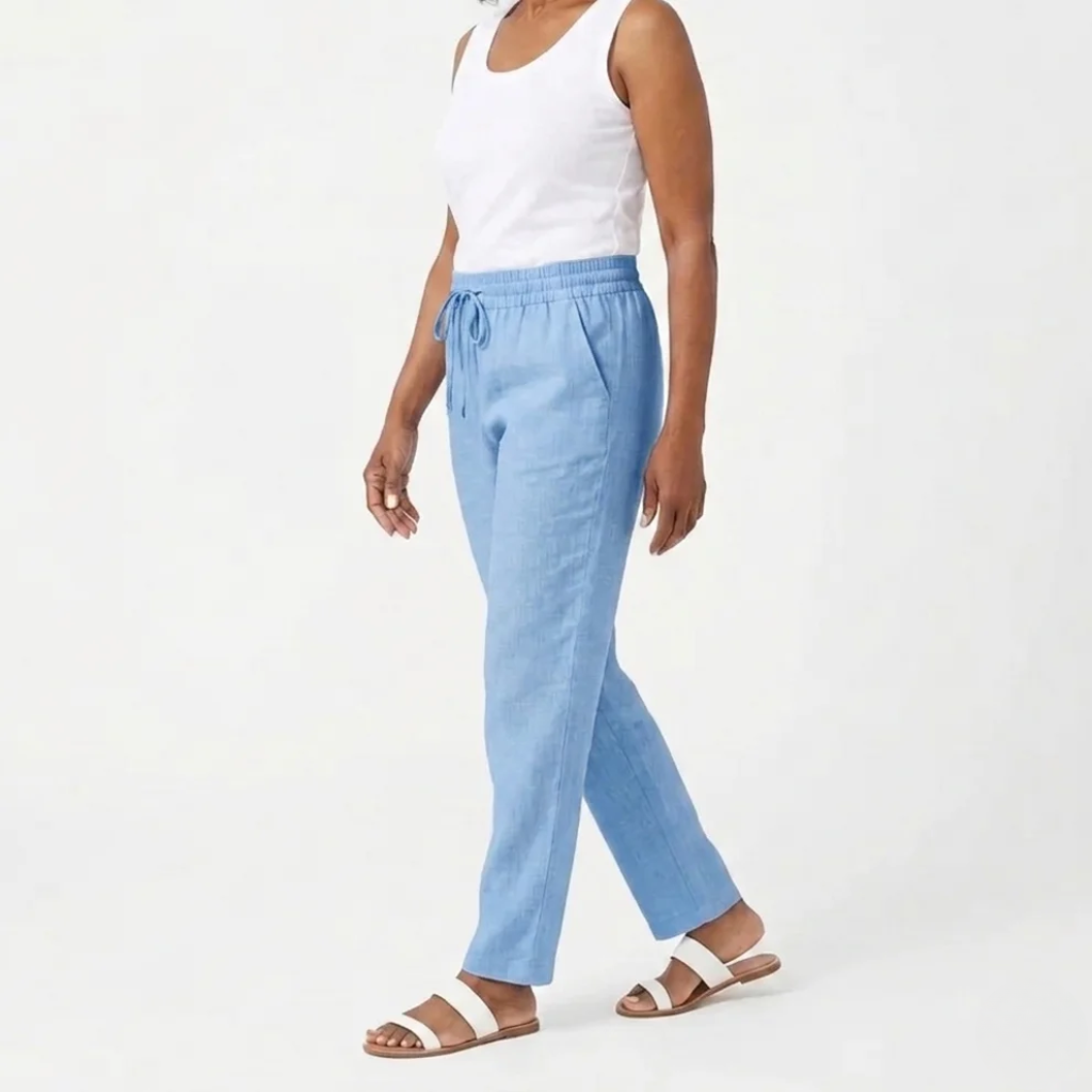 Womens Cropped Linen Trousers Soft Textured Elastic Waist - Clovrio
