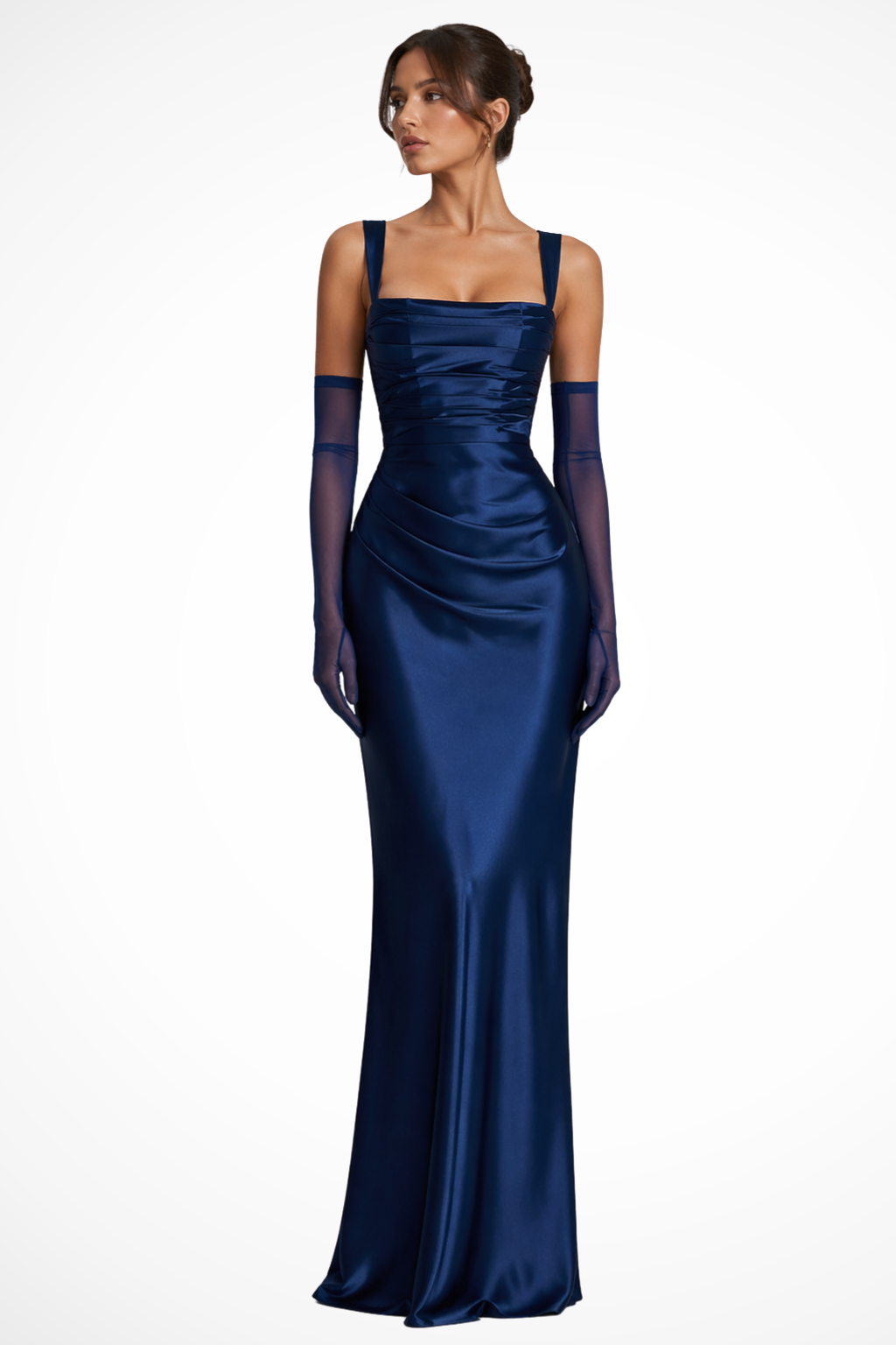 Satin Ruched Maxi Dress Navy Blue – Siopie