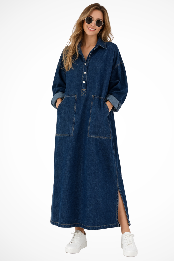 Womens Oversized Denim Maxi Dress with Pockets - Clovrio