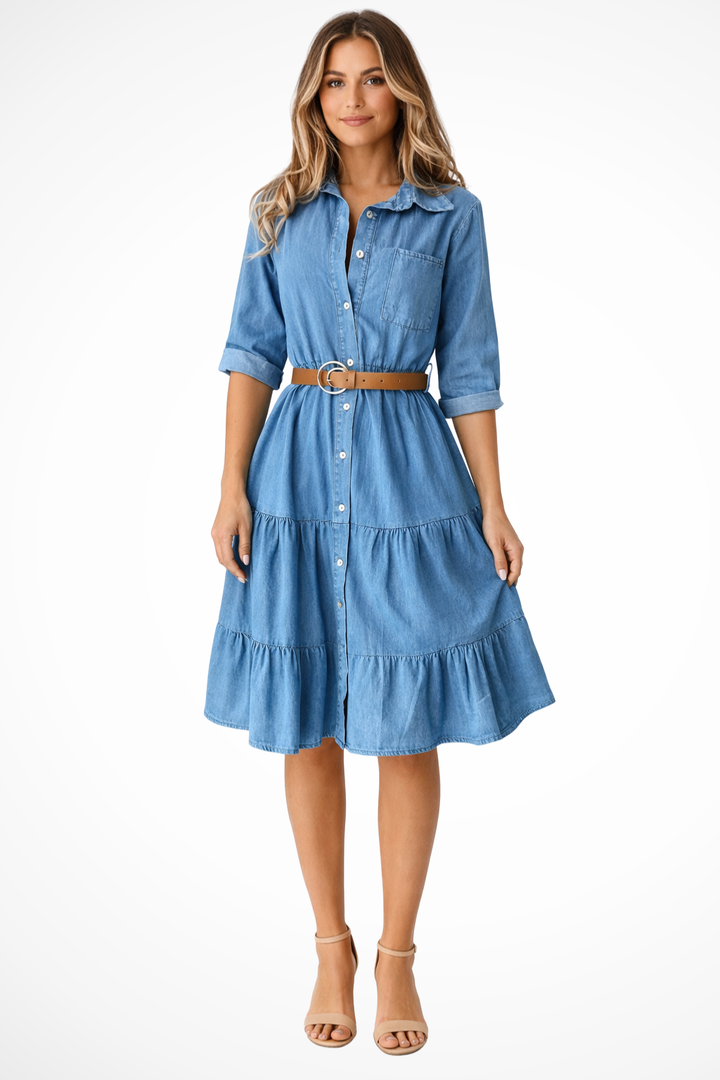 Womens Denim Midi Shirt Dress Tiered with Belt - Clovrio