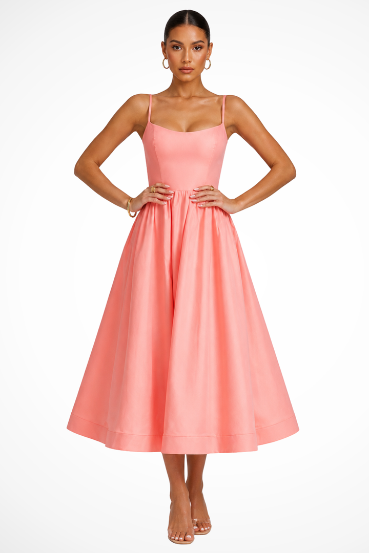 Womens Midi Dress Square Neck Flared Fit - Clovrio