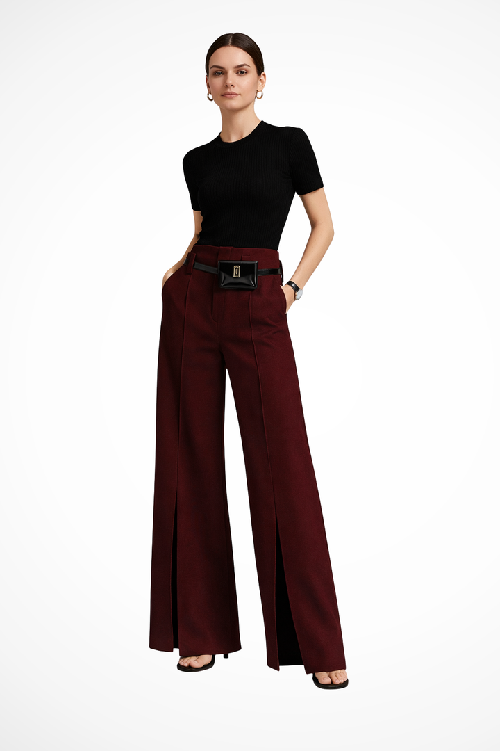 Siopie Women's Tailored Wide Leg Trousers in Wine Red