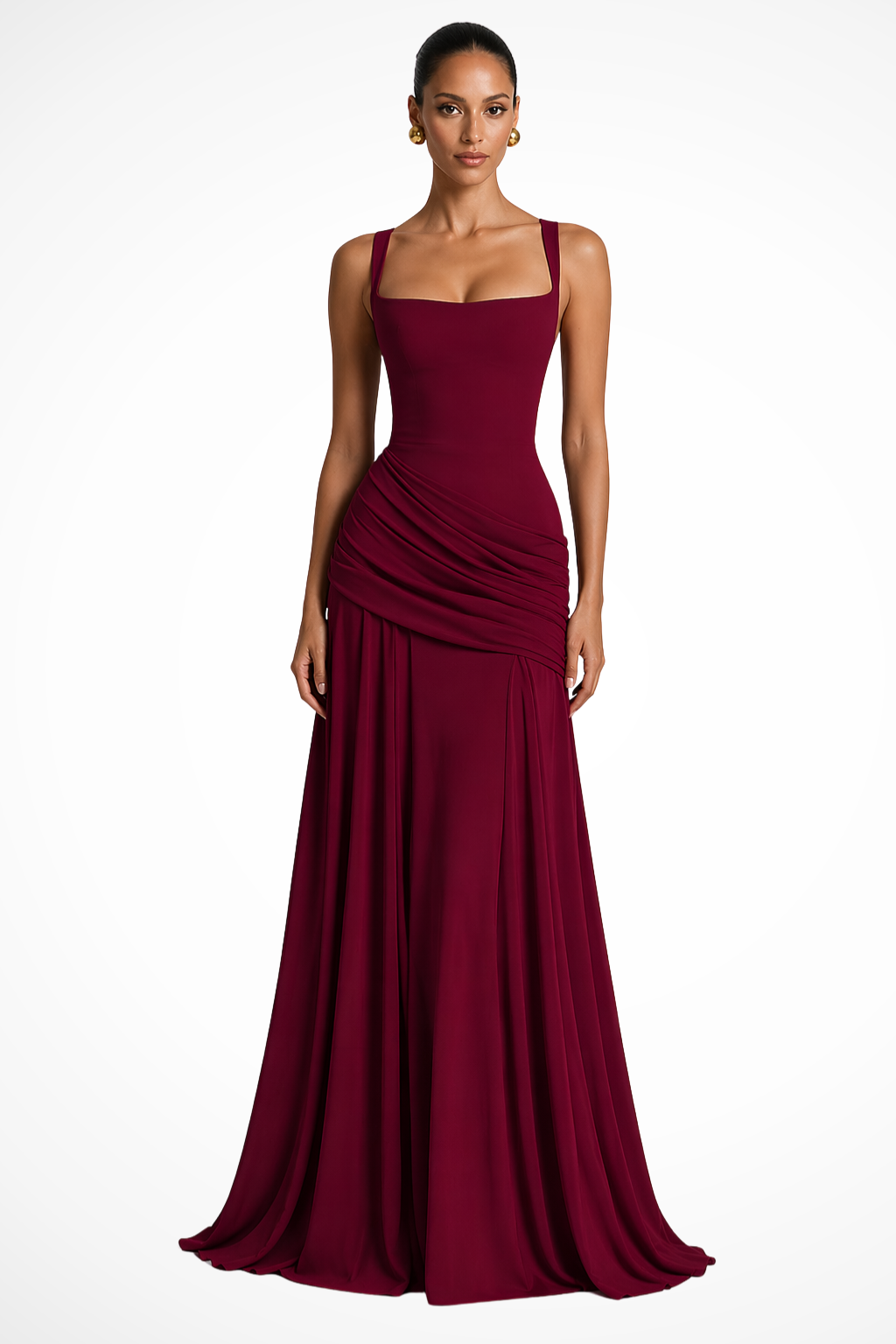 Siopie Women's Square Neck Ruched Maxi Dress in Burgundy